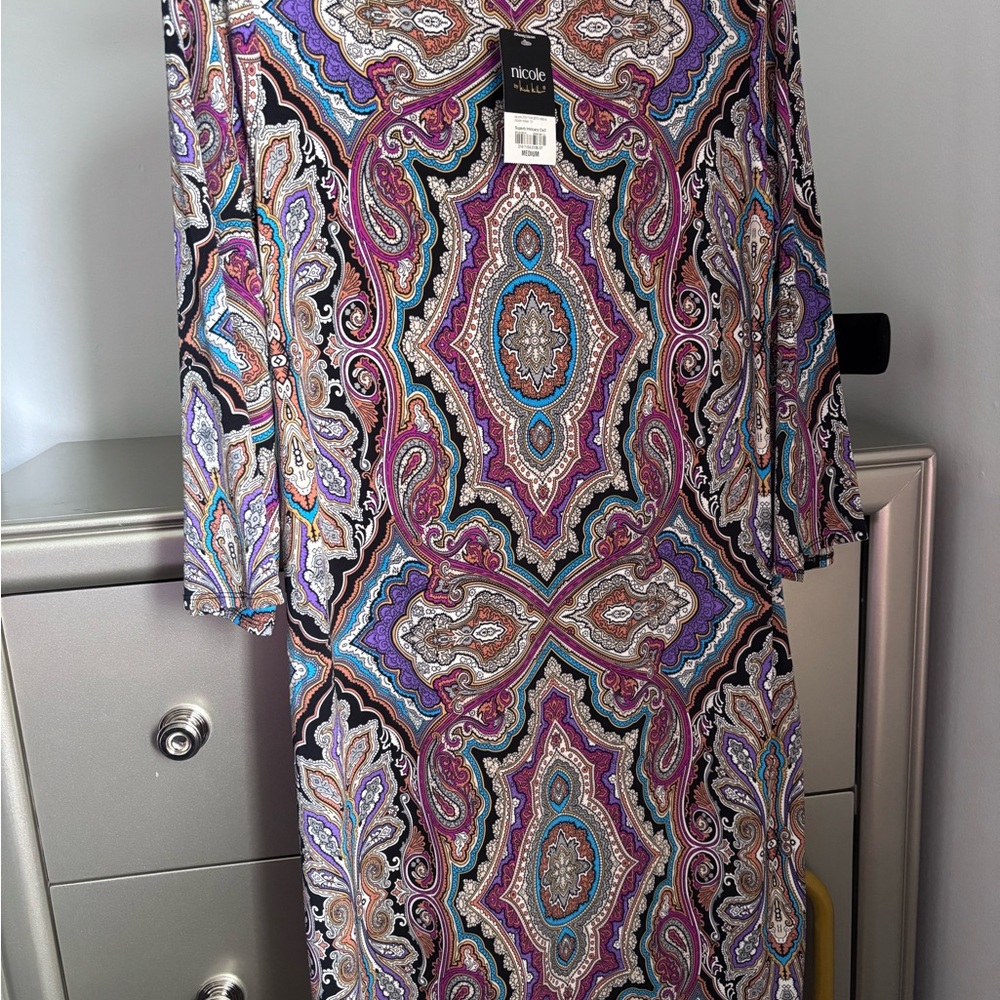 Nicole by Nicole Miller Purple Multi Paisley Long Sleeve Dress